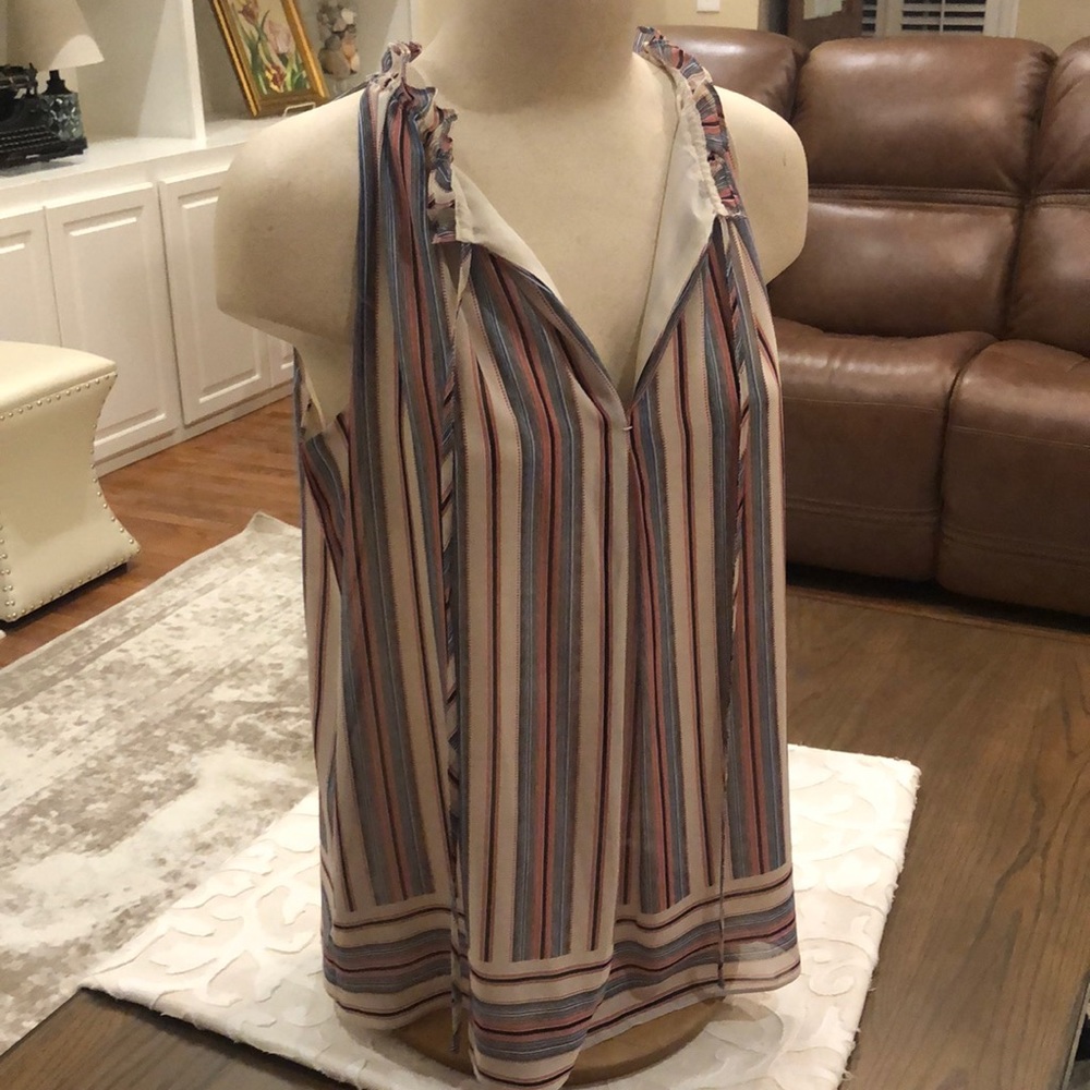 Navy/ salmon pink striped top with ruffle v neck and neck tie
